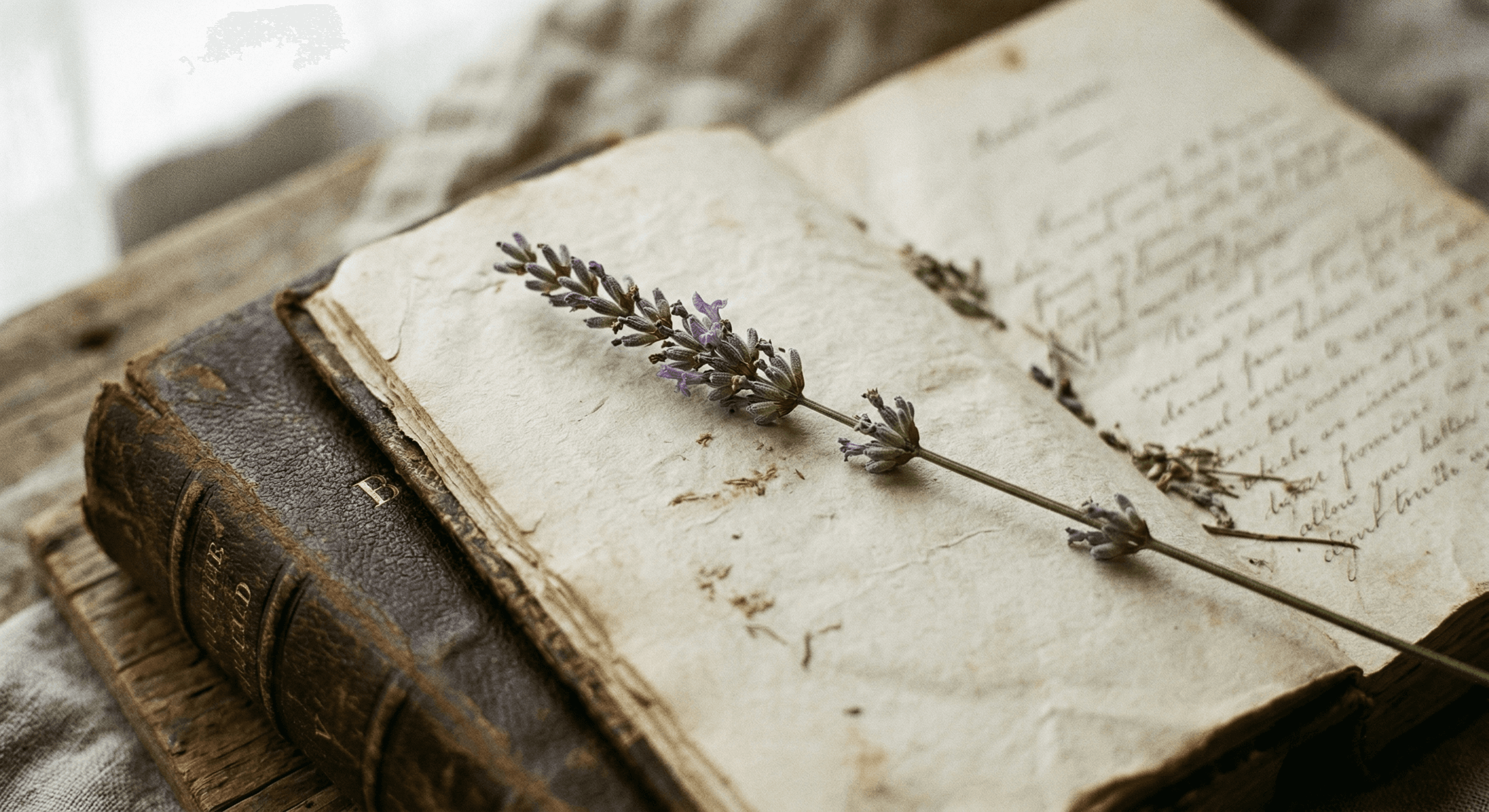 A single lavender sprig resting on the handwritten pages of an open vintage journal