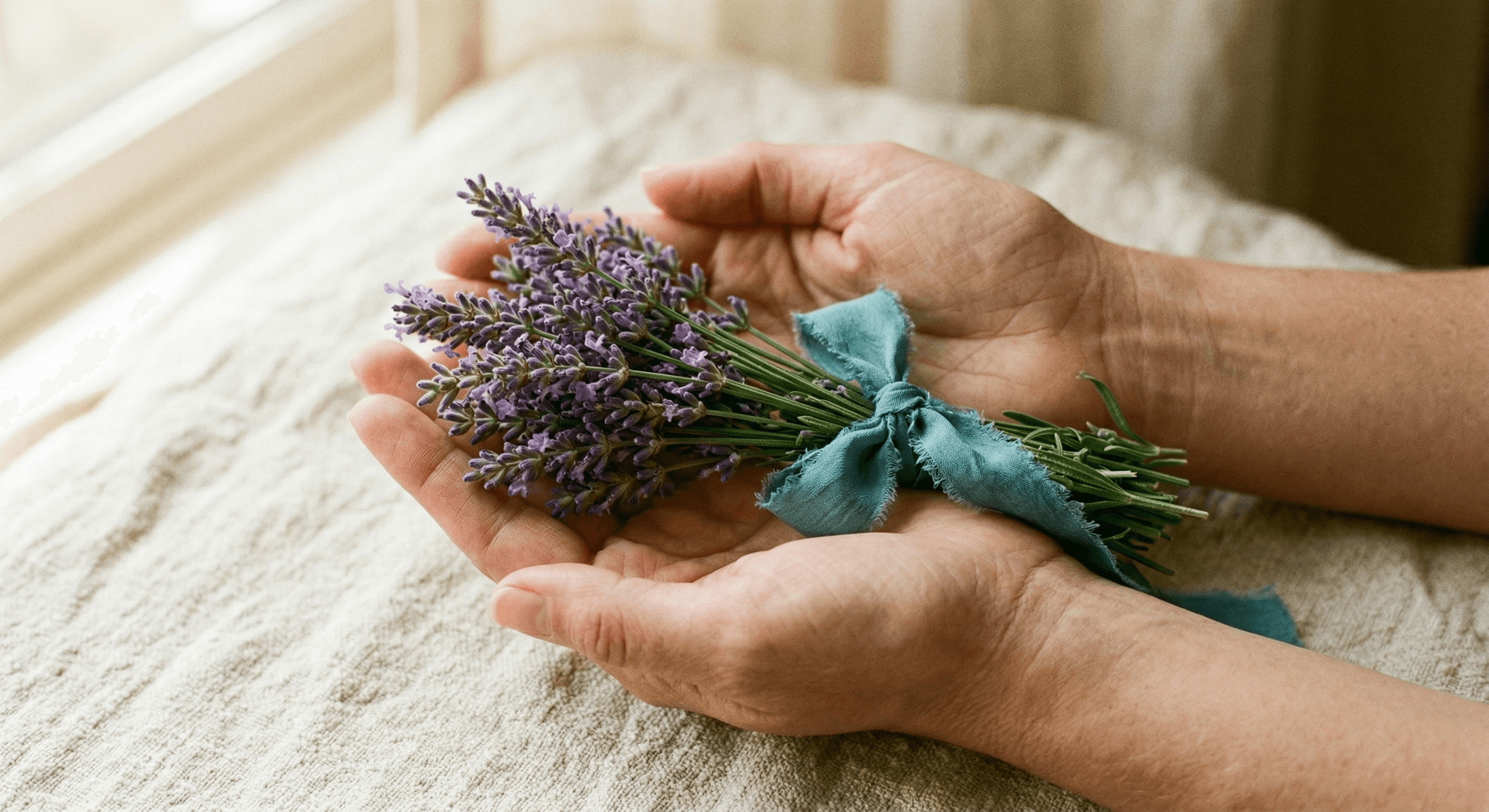 Open hands holding a lavender bouquet tied with a teal silk ribbon