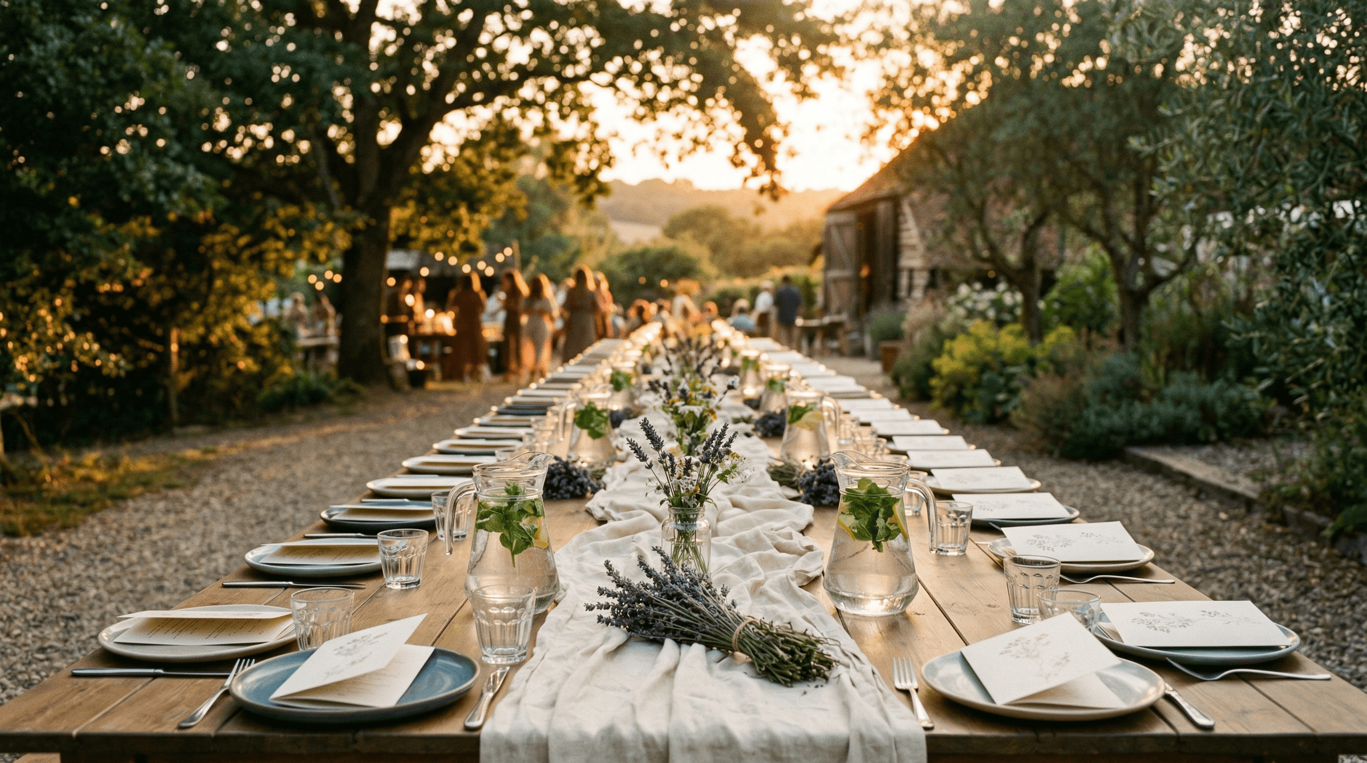 A long communal outdoor table laid with lavender and cream linen at golden hour