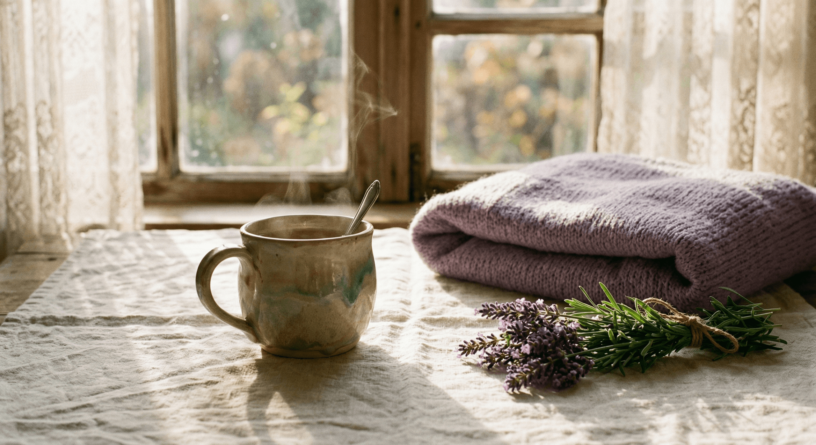 A warm mug of tea beside a soft lavender blanket and lavender sprigs at a sunlit window